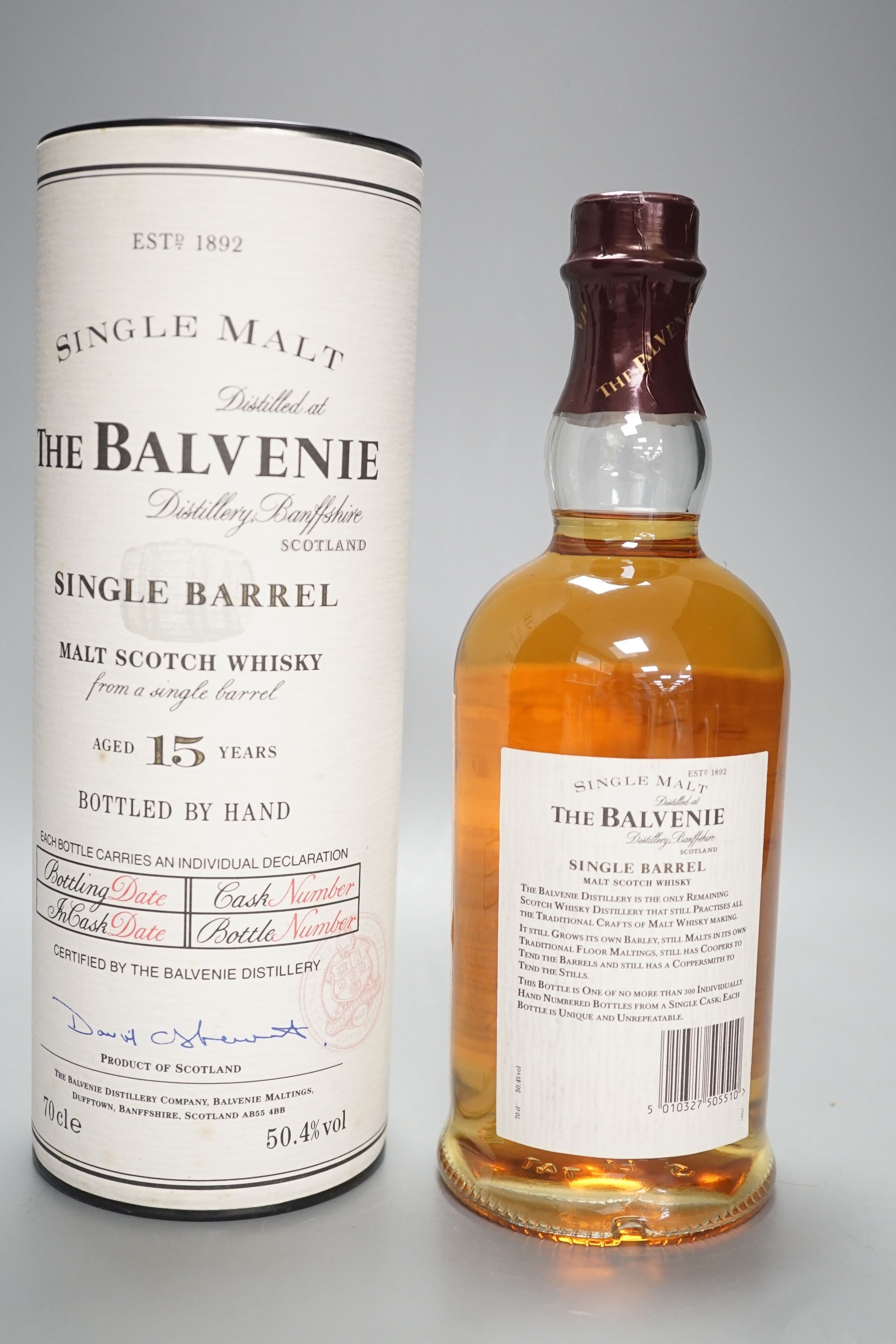 The Balvenie, a single boxed bottle of whisky, aged 15 years, bottle date 17.10.93, cask no. 610, in cask date 13.1.78, bottle no. 156